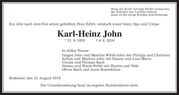 Traueranzeige von Karl-Heinz John von Gießener Allgemeine, Alsfelder Allgemeine