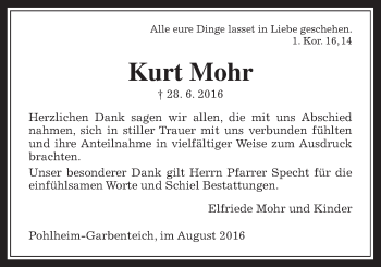 Traueranzeige von Kurt Mohr von Pohlheimer Nachrichten