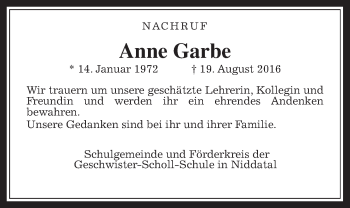 Traueranzeige von Anne Garbe von Wetterauer Zeitung, Wetterauer Zeitung