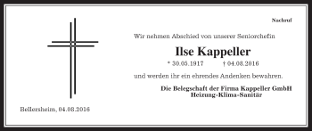 Traueranzeige von Ilse Kappeller von Gießener Allgemeine, Alsfelder Allgemeine, Wetterauer Zeitung, Wetterauer Zeitung