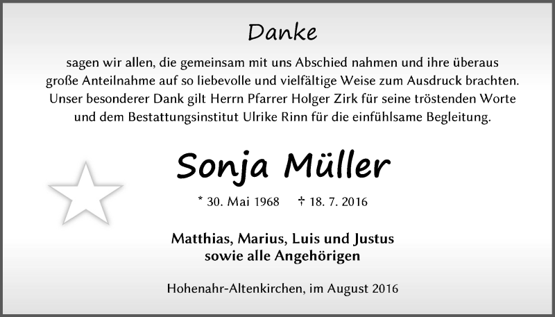  Traueranzeige für Sonja Müller vom 31.08.2016 aus Gießener Allgemeine, Alsfelder Allgemeine