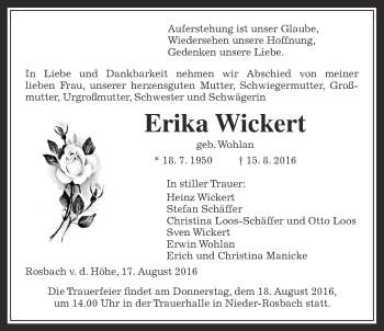 Traueranzeige von Erika Wickert von Wetterauer Zeitung, Wetterauer Zeitung