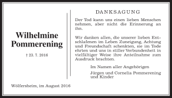 Traueranzeige von Wilhelmine Pommerening von Wetterauer Zeitung, Wetterauer Zeitung