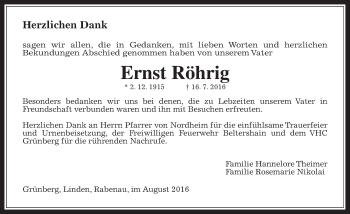 Traueranzeige von Ernst Röhrig von Gießener Allgemeine, Alsfelder Allgemeine
