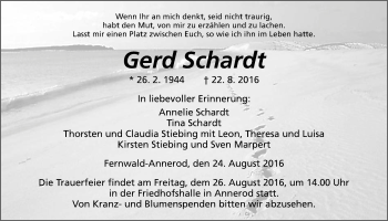 Traueranzeige von Gerd Schardt von Gießener Allgemeine, Alsfelder Allgemeine