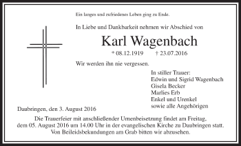 Traueranzeige von Karl Wagenbach von Gießener Allgemeine, Alsfelder Allgemeine