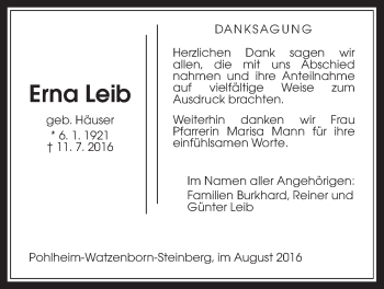 Traueranzeige von Erna Leib von Pohlheimer Nachrichten