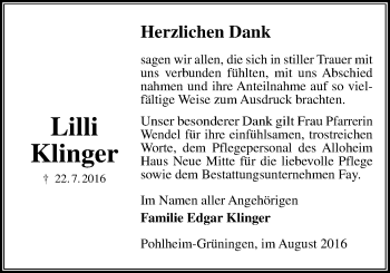Traueranzeige von Lilli Klinger von Gießener Allgemeine, Alsfelder Allgemeine