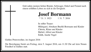 Traueranzeige von Josef Bormann von Gießener Allgemeine, Alsfelder Allgemeine