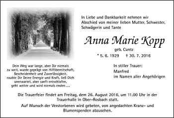 Traueranzeige von Anna Marie Kopp von Wetterauer Zeitung, Wetterauer Zeitung