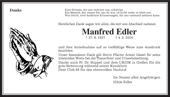 Traueranzeige von Manfred Edler von Gießener Allgemeine, Alsfelder Allgemeine