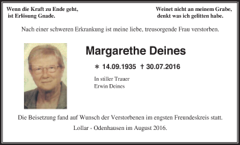 Traueranzeige von Margarethe Deines von Gießener Allgemeine, Alsfelder Allgemeine