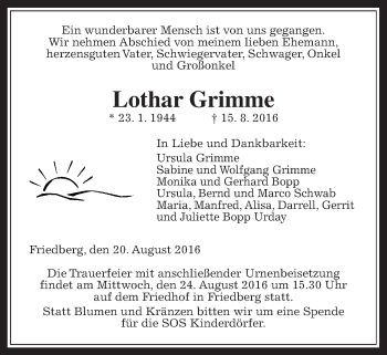 Traueranzeige von Lothar Grimme von Wetterauer Zeitung, Wetterauer Zeitung