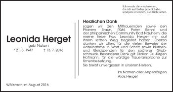 Traueranzeige von Leonida Herget von Wetterauer Zeitung, Wetterauer Zeitung