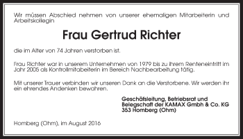 Traueranzeige von Gertrud Richter von Alsfelder Allgemeine