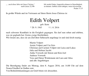 Traueranzeige von Edith Volpert von Gießener Allgemeine, Alsfelder Allgemeine