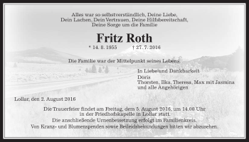 Traueranzeige von Fritz Roth von Gießener Allgemeine, Alsfelder Allgemeine