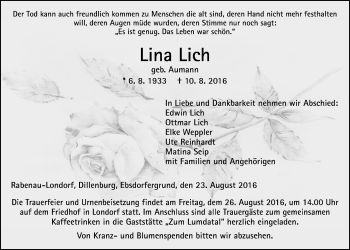 Traueranzeige von Lina Lich von Gießener Allgemeine, Alsfelder Allgemeine