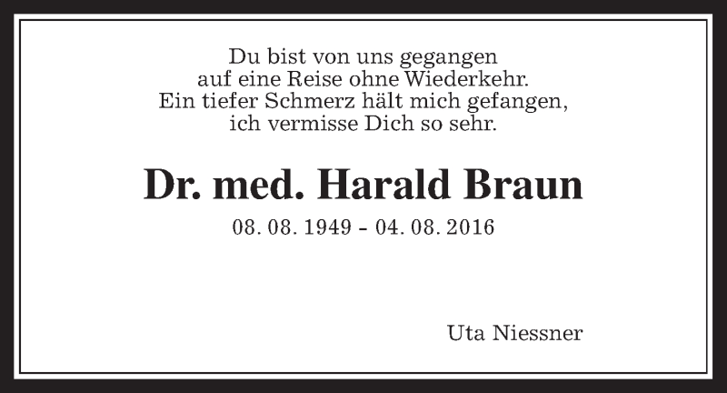  Traueranzeige für Harald Braun vom 27.08.2016 aus Gießener Allgemeine, Alsfelder Allgemeine