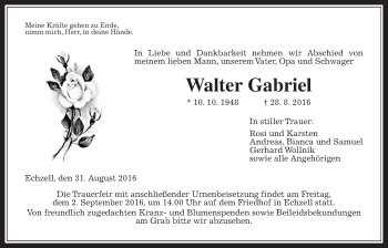 Traueranzeige von Walter Gabriel von Wetterauer Zeitung, Wetterauer Zeitung