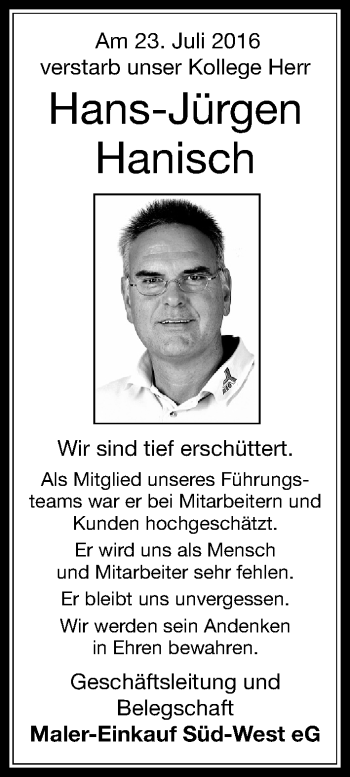 Traueranzeige von Hans-Jürgen Hanisch von Wetterauer Zeitung, Wetterauer Zeitung, Gießener Allgemeine, Alsfelder Allgemeine