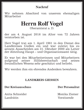 Traueranzeige von Rolf Vogel von Gießener Allgemeine, Alsfelder Allgemeine