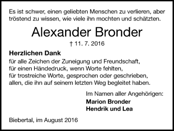 Traueranzeige von Alexander Bronder von Gießener Allgemeine, Alsfelder Allgemeine