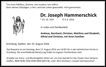 Traueranzeige von Joseph Hammerschick von Gießener Allgemeine, Alsfelder Allgemeine