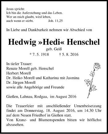 Traueranzeige von Hedwig  Henschel von Gießener Allgemeine, Alsfelder Allgemeine