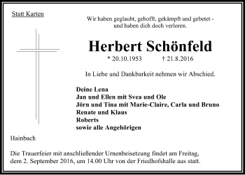 Traueranzeige von Herbert Schönfeld von Alsfelder Allgemeine