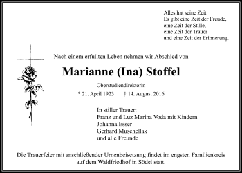 Traueranzeige von Marianne Stoffel von Wetterauer Zeitung, Wetterauer Zeitung
