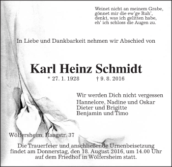 Traueranzeige von Karl Heinz Schmidt von Wetterauer Zeitung, Wetterauer Zeitung
