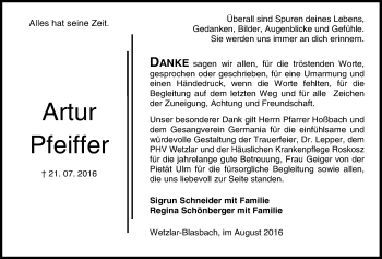 Traueranzeige von Artur Pfeiffer von Gießener Allgemeine, Alsfelder Allgemeine