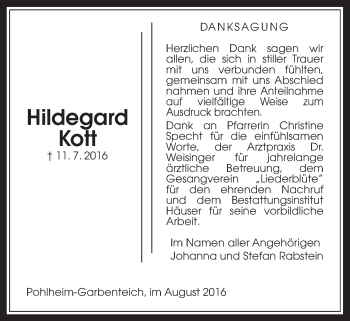 Traueranzeige von Hildegard Kott von Pohlheimer Nachrichten