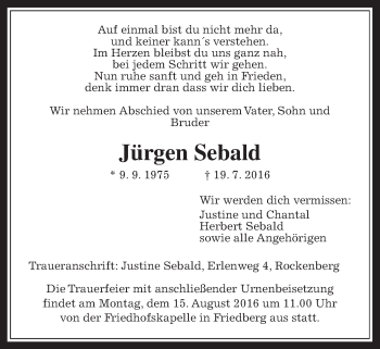 Traueranzeige von Jürgen Sebald von Wetterauer Zeitung, Wetterauer Zeitung