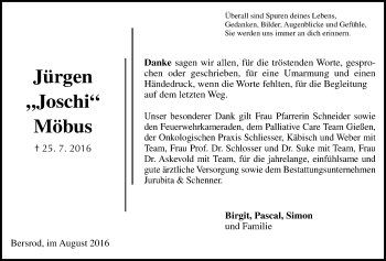 Traueranzeige von Jürgen  Möbus von Gießener Allgemeine, Alsfelder Allgemeine
