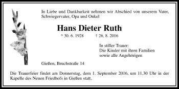 Traueranzeige von Hans Dieter Ruth von Gießener Allgemeine, Alsfelder Allgemeine
