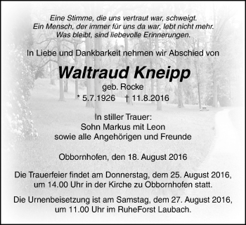 Traueranzeige von Waltraud Kneipp von Licher Wochenblatt, Licher Wochenblatt, Licher Wochenblatt