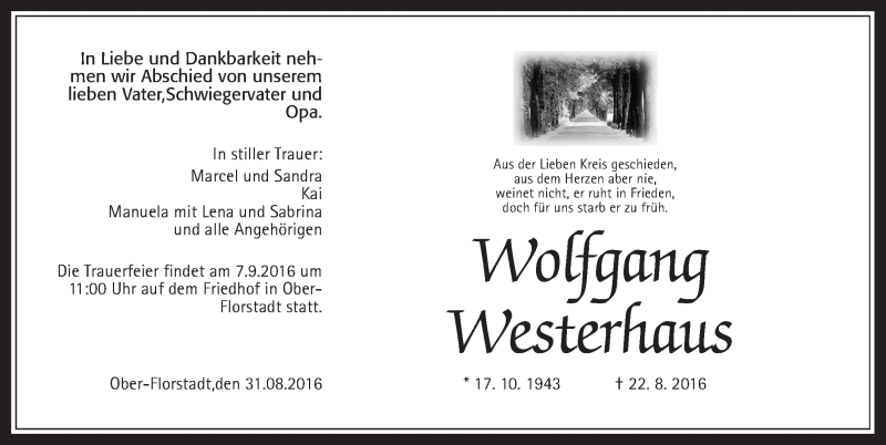  Traueranzeige für Wolfgang Westerhaus vom 31.08.2016 aus Wetterauer Zeitung, Wetterauer Zeitung