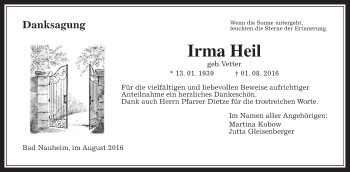 Traueranzeige von Irma Heil von Wetterauer Zeitung, Wetterauer Zeitung