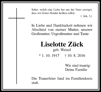 Traueranzeige von Liselotte Zück von Gießener Allgemeine, Alsfelder Allgemeine