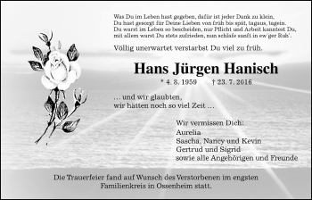 Traueranzeige von Hans-Jürgen Hanisch von Wetterauer Zeitung, Wetterauer Zeitung
