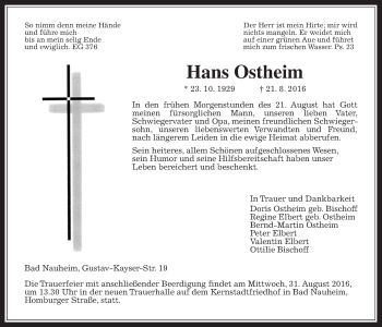 Traueranzeige von Hans Ostheim von Wetterauer Zeitung, Wetterauer Zeitung