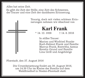 Traueranzeige von Karl Frank von Wetterauer Zeitung, Wetterauer Zeitung