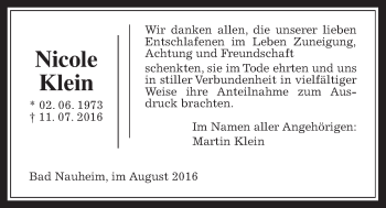 Traueranzeige von Nicole Klein von Gießener Allgemeine, Alsfelder Allgemeine, Wetterauer Zeitung, Wetterauer Zeitung