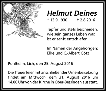 Traueranzeige von Helmut Deines von Licher Wochenblatt, Licher Wochenblatt, Licher Wochenblatt