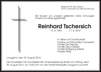 Traueranzeige von Reinhard Tschersich von Gießener Allgemeine, Alsfelder Allgemeine