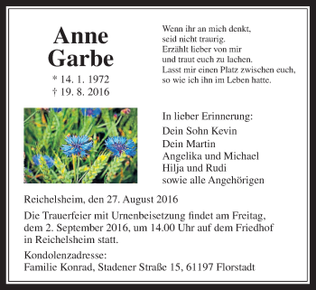 Traueranzeige von Anne Garbe von Wetterauer Zeitung, Wetterauer Zeitung