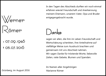 Traueranzeige von Werner Römer von Gießener Allgemeine, Alsfelder Allgemeine