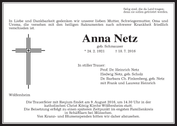 Traueranzeige von Anna Netz von Wetterauer Zeitung, Wetterauer Zeitung